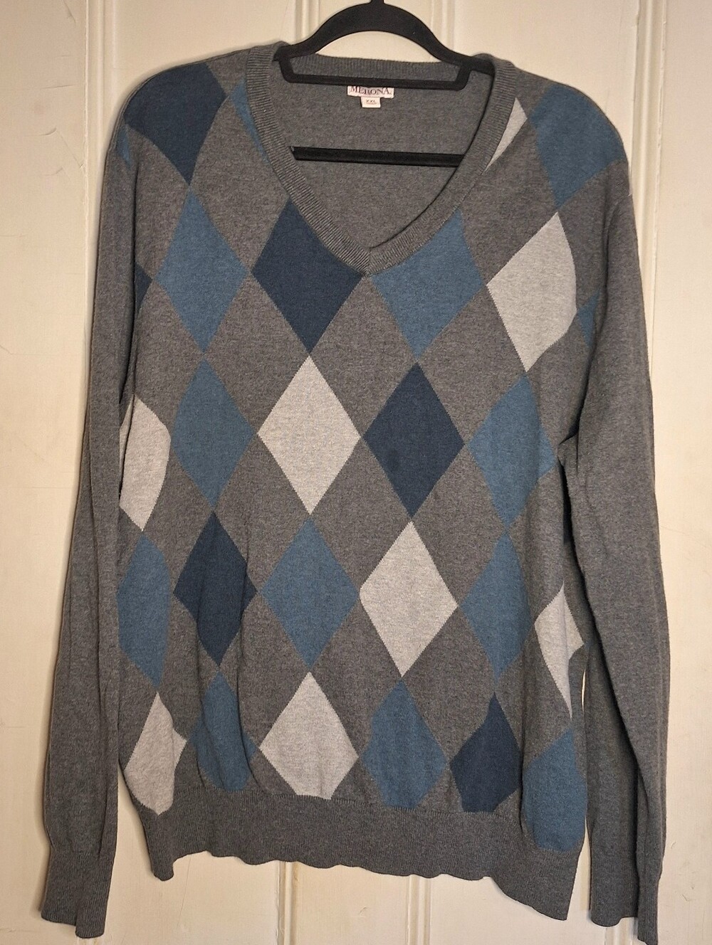 Merona Argyle Knit Pullover Sweater V-Neck Long Sleeve Gray Blue Mens Size 2X